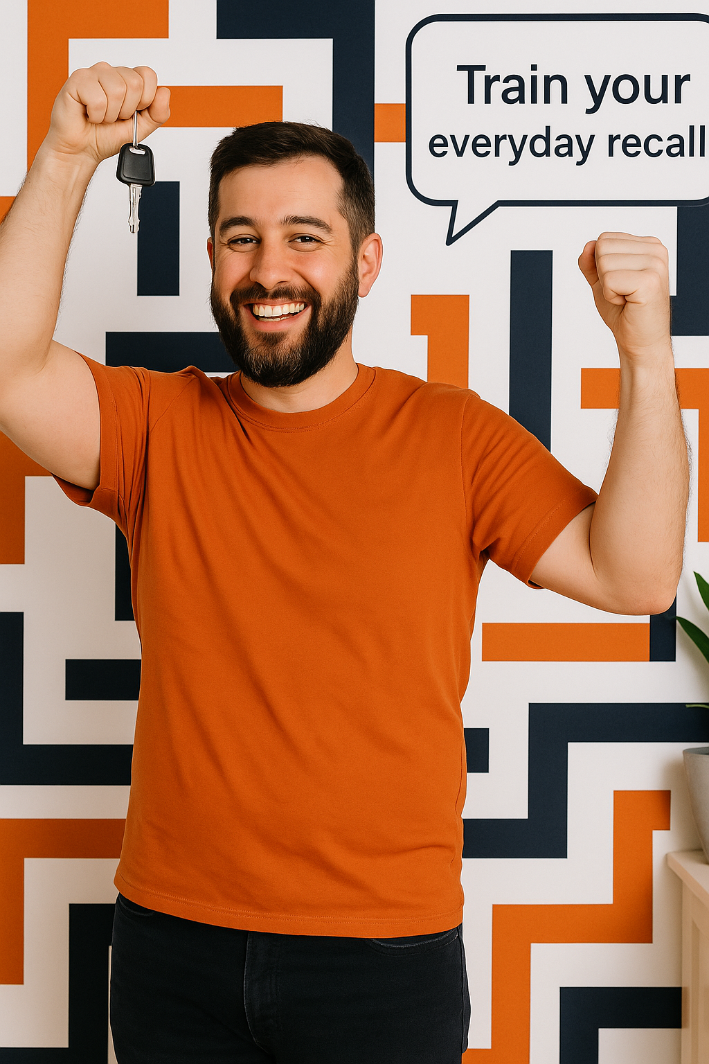 Person smiling and holding up keys, everyday recall trained